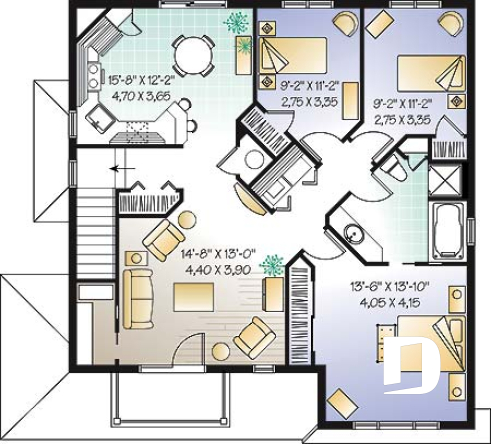 2nd level - Duplex house plan with 3 bedrooms and laundry closet on each unit and a rear balcony.  - Fairfield