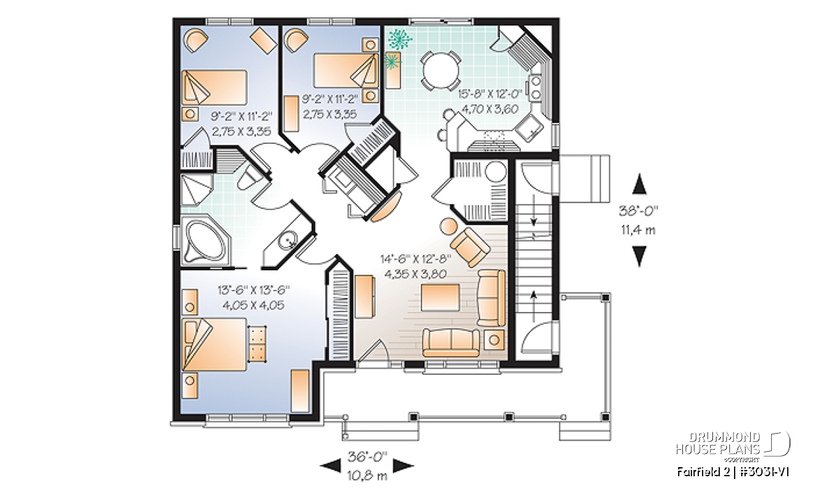 1st level - 3 unit apartment building plan (triplex house plan) 3 bedrooms per unit, veranda on main floor - Fairfield 2