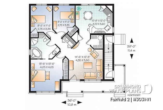 1st level - 3 unit apartment building plan (triplex house plan) 3 bedrooms per unit, veranda on main floor - Fairfield 2