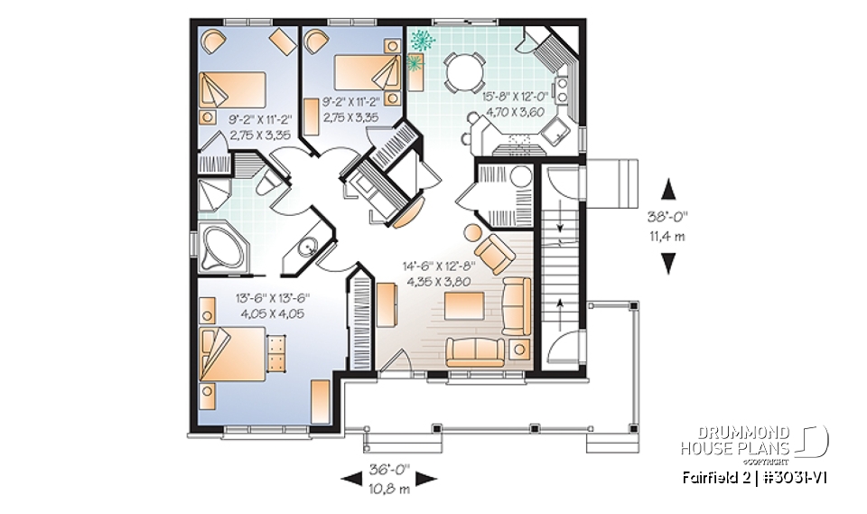 1st level - 3 unit apartment building plan (triplex house plan) 3 bedrooms per unit, veranda on main floor - Fairfield 2