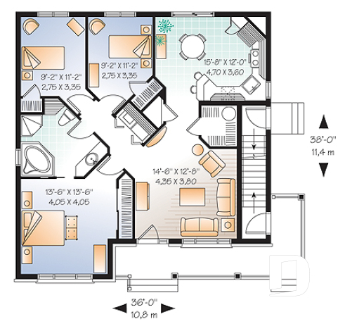 1st level - 3 unit apartment building plan (triplex house plan) 3 bedrooms per unit, veranda on main floor - Fairfield 2