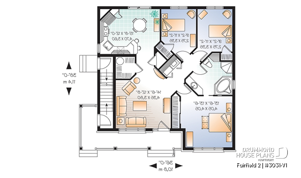 1st level - 3 unit apartment building plan (triplex house plan) 3 bedrooms per unit, veranda on main floor - Fairfield 2
