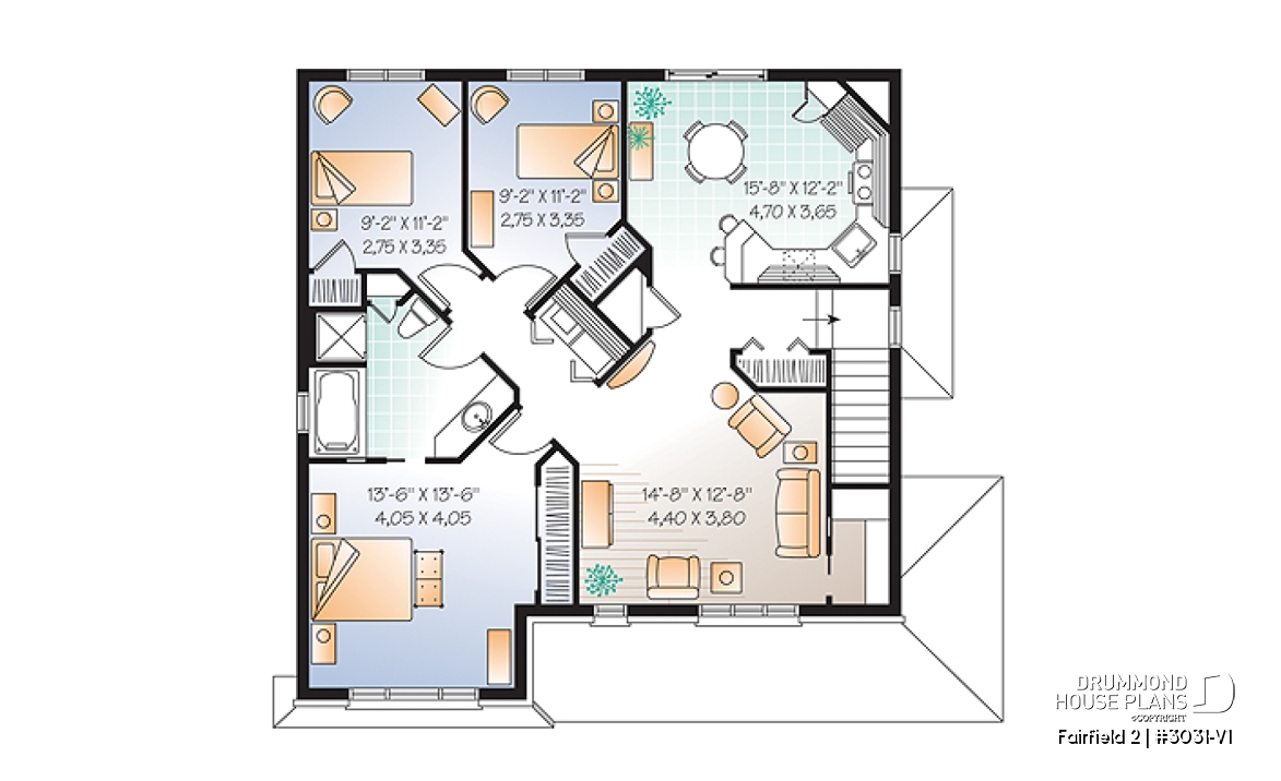 2nd level - 3 unit apartment building plan (triplex house plan) 3 bedrooms per unit, veranda on main floor - Fairfield 2