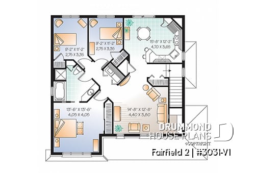 2nd level - 3 unit apartment building plan (triplex house plan) 3 bedrooms per unit, veranda on main floor - Fairfield 2