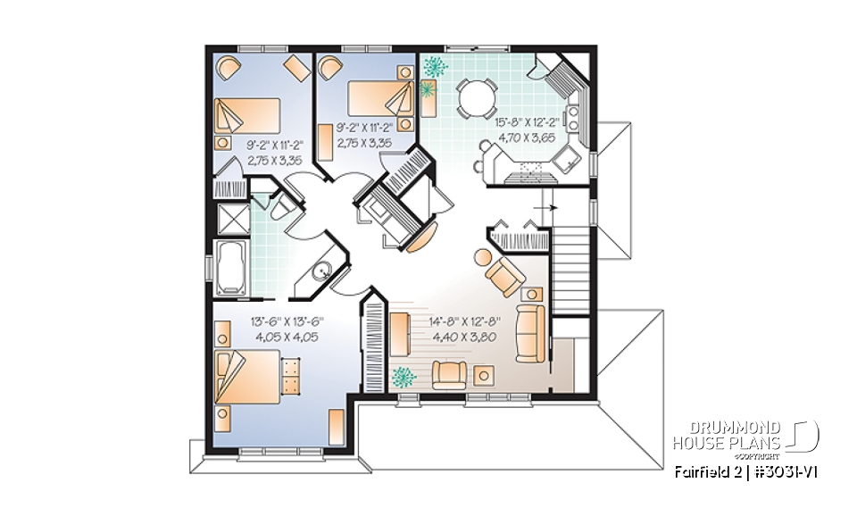 2nd level - 3 unit apartment building plan (triplex house plan) 3 bedrooms per unit, veranda on main floor - Fairfield 2