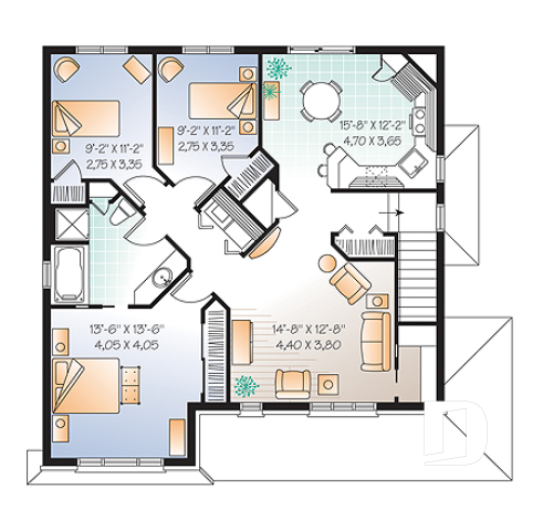 2nd level - 3 unit apartment building plan (triplex house plan) 3 bedrooms per unit, veranda on main floor - Fairfield 2