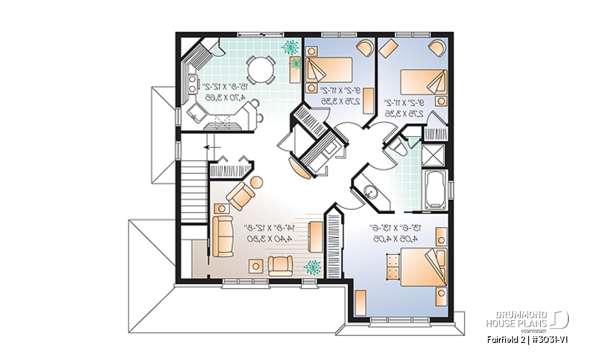 2nd level - 3 unit apartment building plan (triplex house plan) 3 bedrooms per unit, veranda on main floor - Fairfield 2