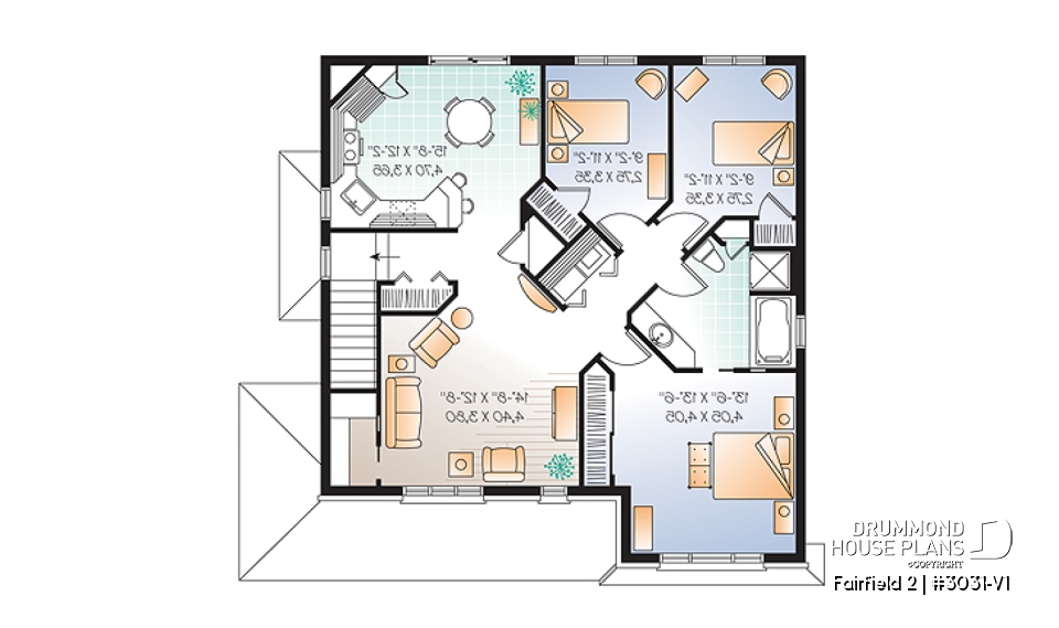2nd level - 3 unit apartment building plan (triplex house plan) 3 bedrooms per unit, veranda on main floor - Fairfield 2