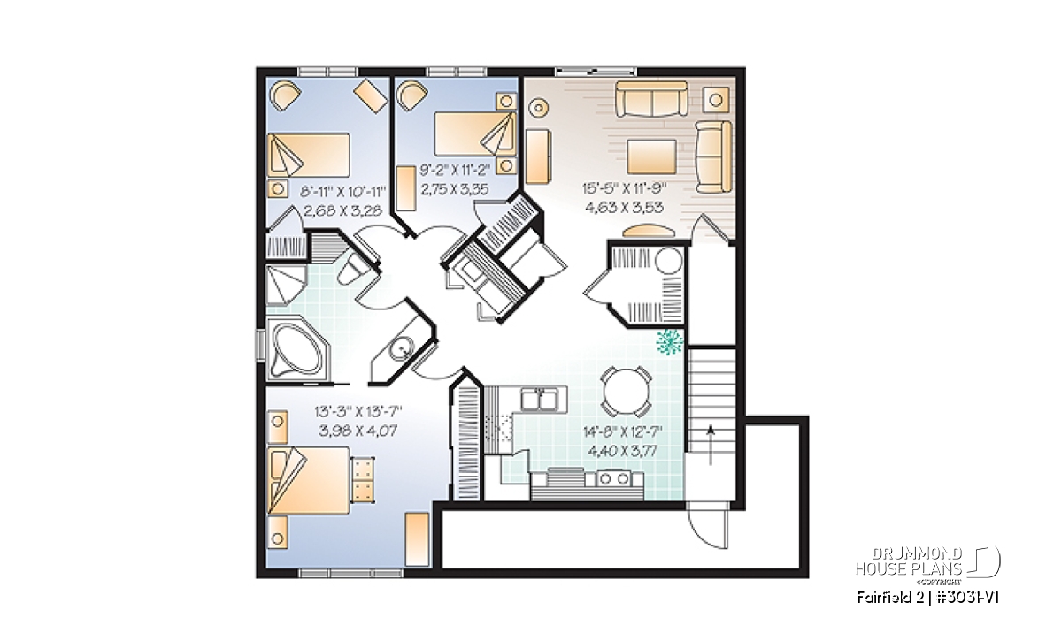 Basement - 3 unit apartment building plan (triplex house plan) 3 bedrooms per unit, veranda on main floor - Fairfield 2
