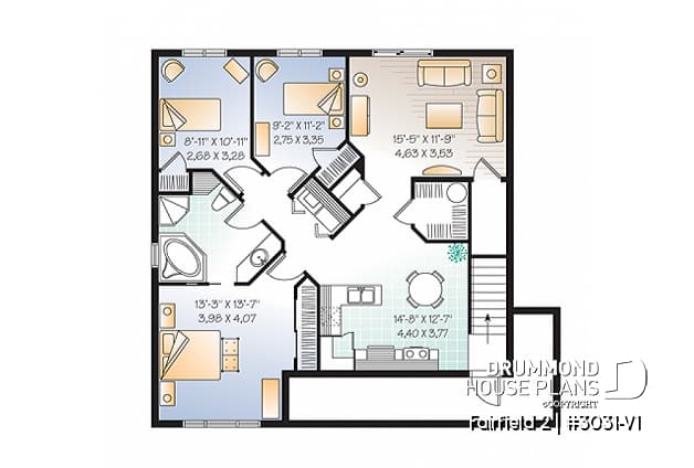 Basement - 3 unit apartment building plan (triplex house plan) 3 bedrooms per unit, veranda on main floor - Fairfield 2