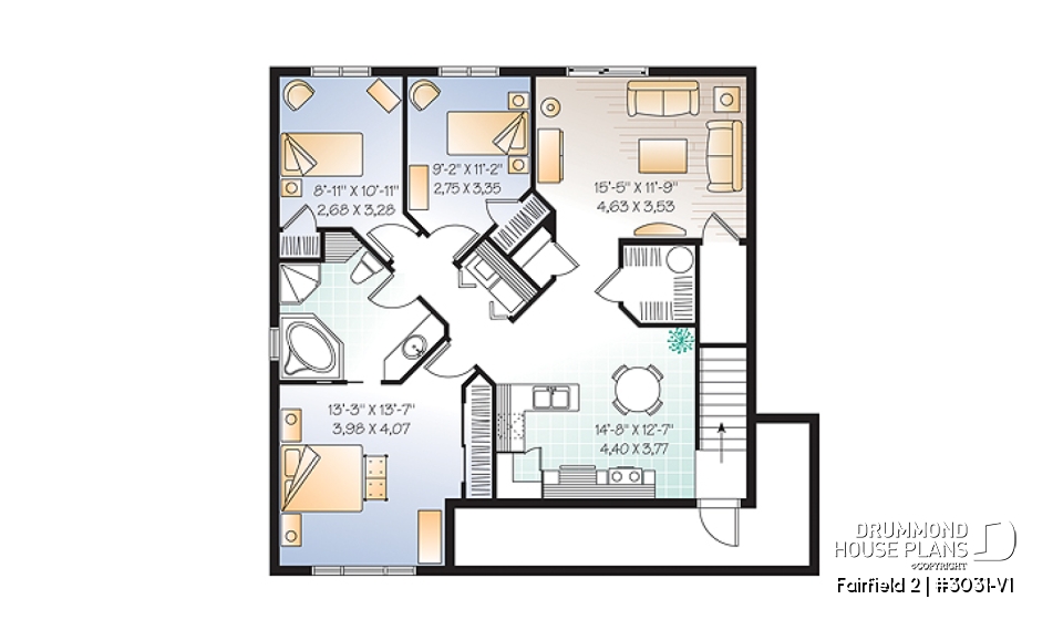 Basement - 3 unit apartment building plan (triplex house plan) 3 bedrooms per unit, veranda on main floor - Fairfield 2