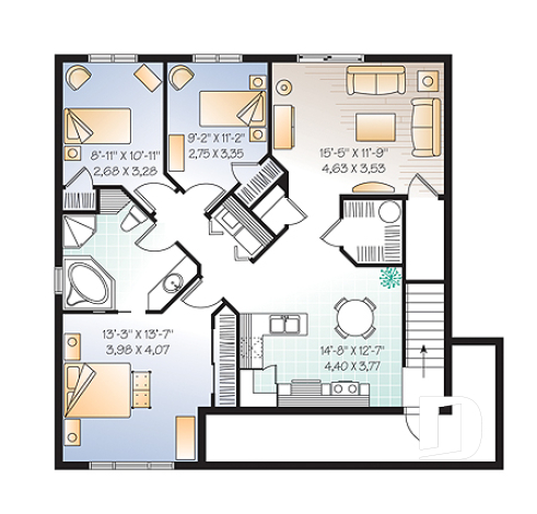 Basement - 3 unit apartment building plan (triplex house plan) 3 bedrooms per unit, veranda on main floor - Fairfield 2
