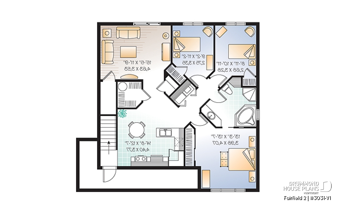 Basement - 3 unit apartment building plan (triplex house plan) 3 bedrooms per unit, veranda on main floor - Fairfield 2