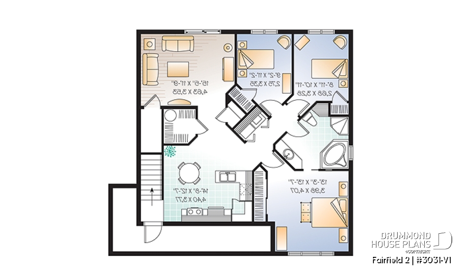 Basement - 3 unit apartment building plan (triplex house plan) 3 bedrooms per unit, veranda on main floor - Fairfield 2