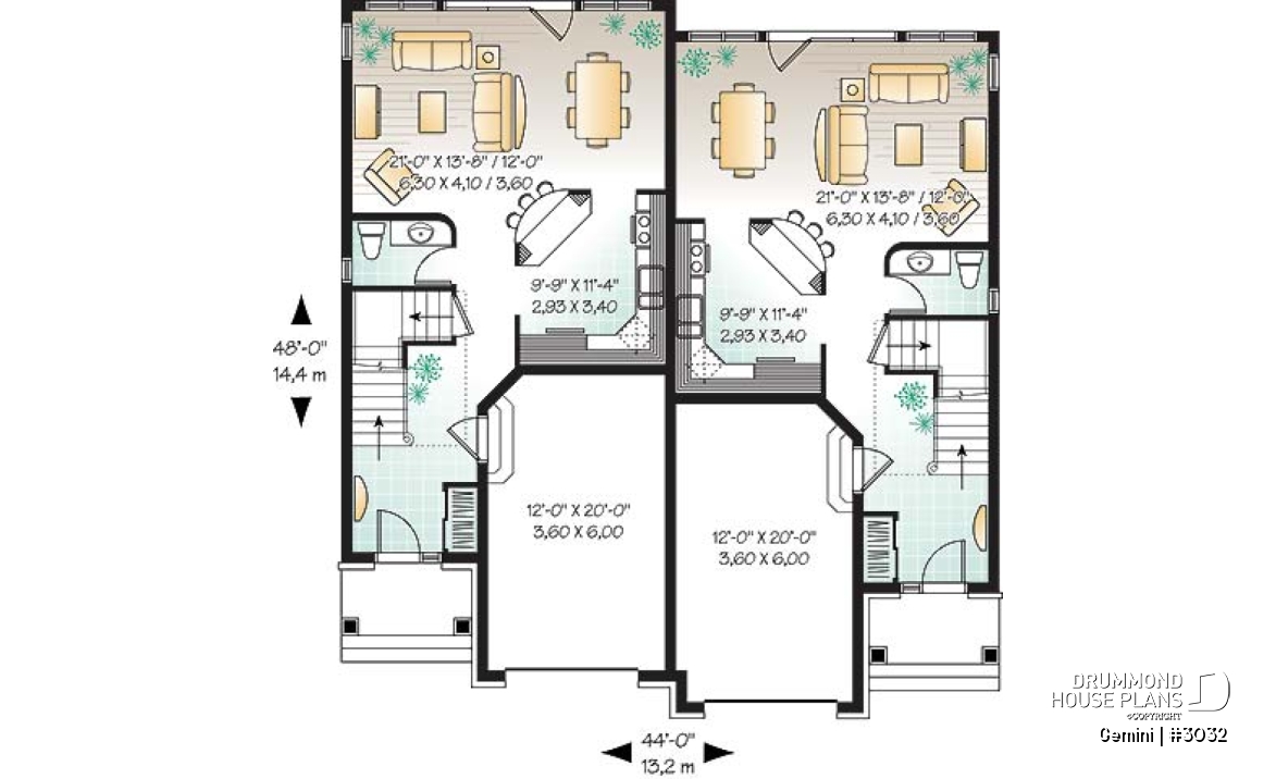 1st level - Duplex house plan with 3 bedrooms and garage, on each unit. - Gemini