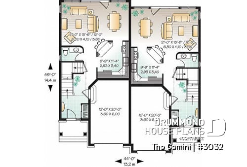 1st level - Duplex house plan with 3 bedrooms and garage, on each unit. - Gemini