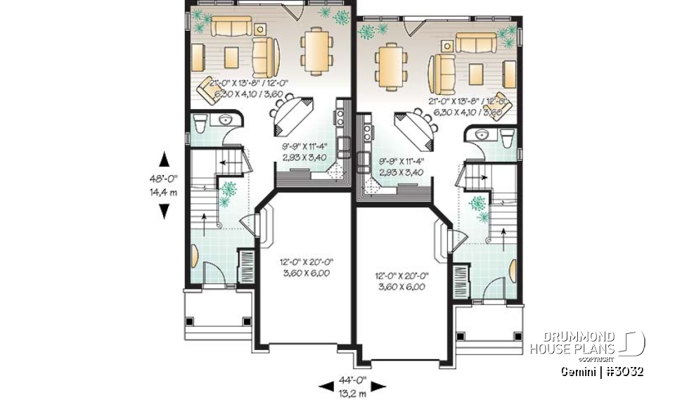 1st level - Duplex house plan with 3 bedrooms and garage, on each unit. - Gemini