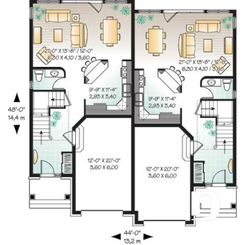 1st level - Duplex house plan with 3 bedrooms and garage, on each unit. - Gemini