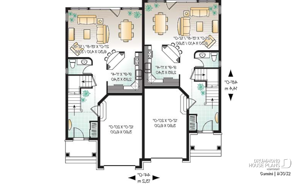 1st level - Duplex house plan with 3 bedrooms and garage, on each unit. - Gemini