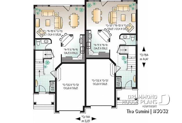 1st level - Duplex house plan with 3 bedrooms and garage, on each unit. - Gemini