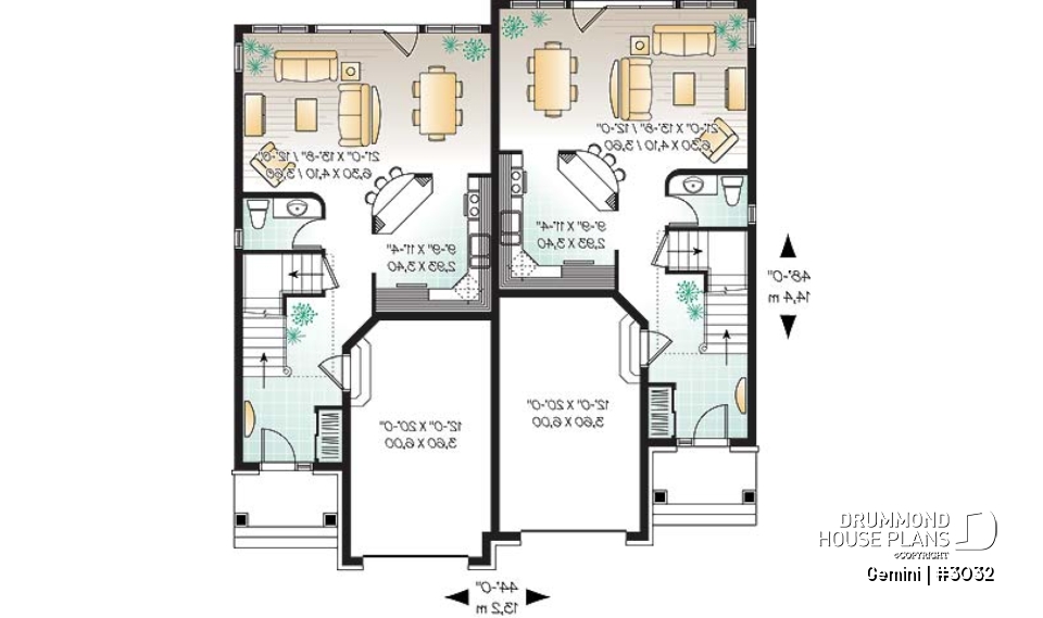1st level - Duplex house plan with 3 bedrooms and garage, on each unit. - Gemini