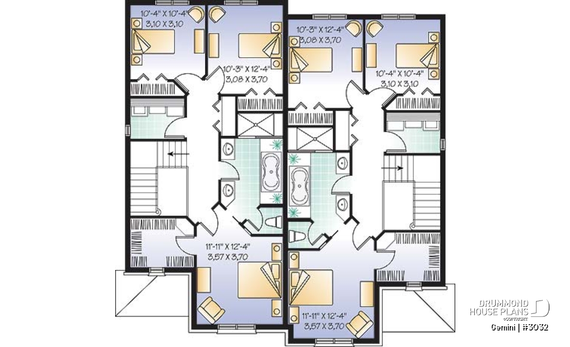 2nd level - Duplex house plan with 3 bedrooms and garage, on each unit. - Gemini