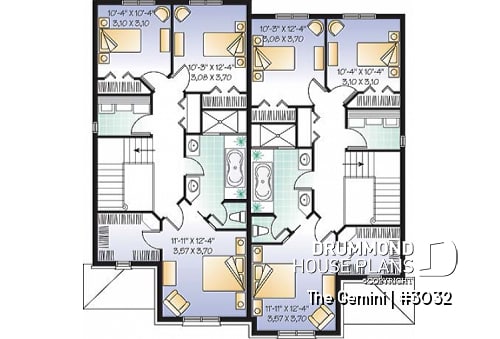 2nd level - Duplex house plan with 3 bedrooms and garage, on each unit. - Gemini