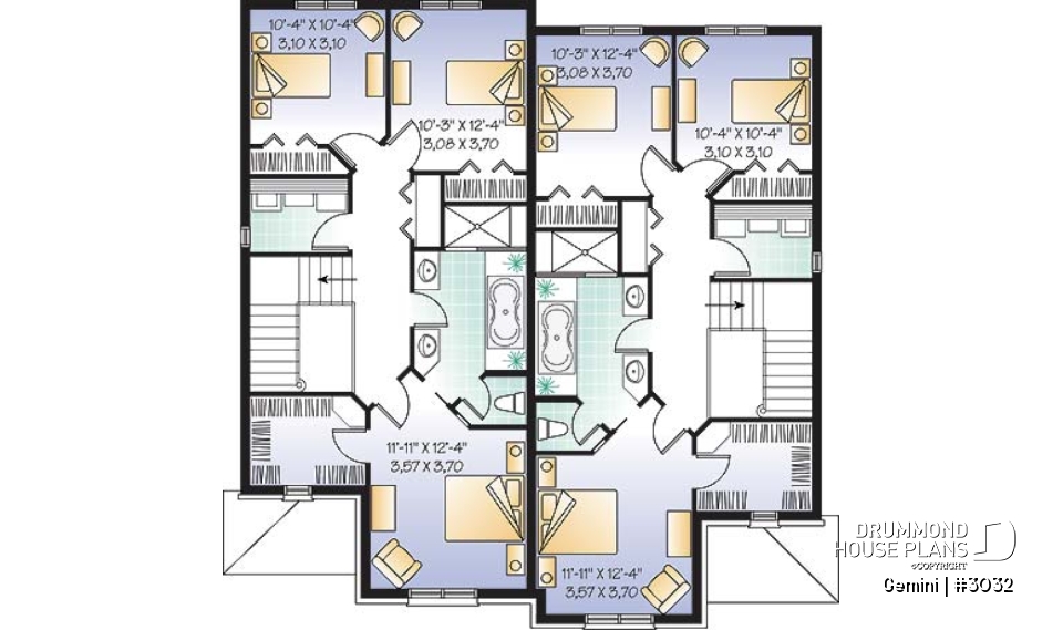 2nd level - Duplex house plan with 3 bedrooms and garage, on each unit. - Gemini