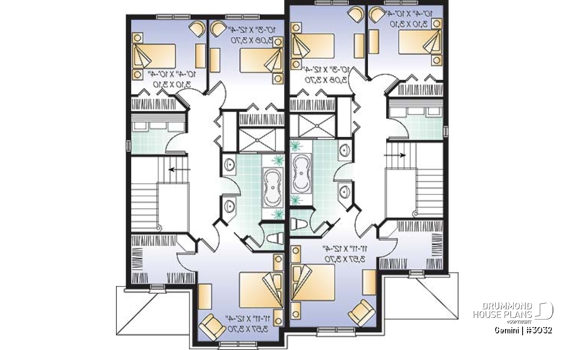 2nd level - Duplex house plan with 3 bedrooms and garage, on each unit. - Gemini
