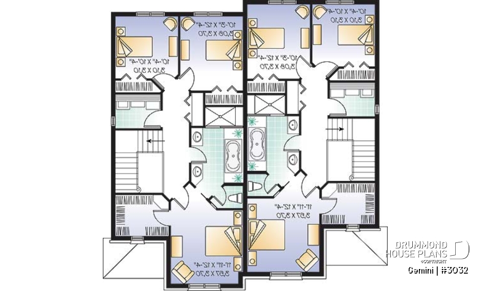 2nd level - Duplex house plan with 3 bedrooms and garage, on each unit. - Gemini