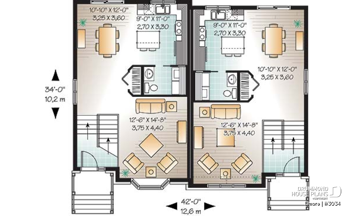 1st level - 3 bedroom semi-detached house plan, 1.5 baths, laundry room on main floor, kitchen island - Elmore