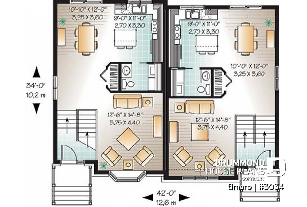 1st level - 3 bedroom semi-detached house plan, 1.5 baths, laundry room on main floor, kitchen island - Elmore