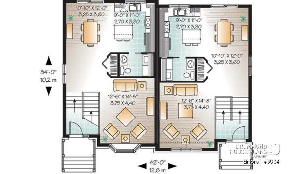 1st level - 3 bedroom semi-detached house plan, 1.5 baths, laundry room on main floor, kitchen island - Elmore