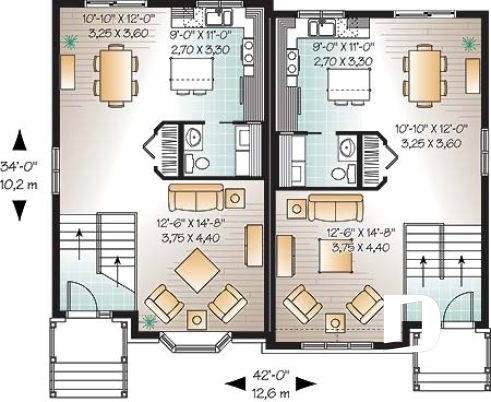 1st level - 3 bedroom semi-detached house plan, 1.5 baths, laundry room on main floor, kitchen island - Elmore