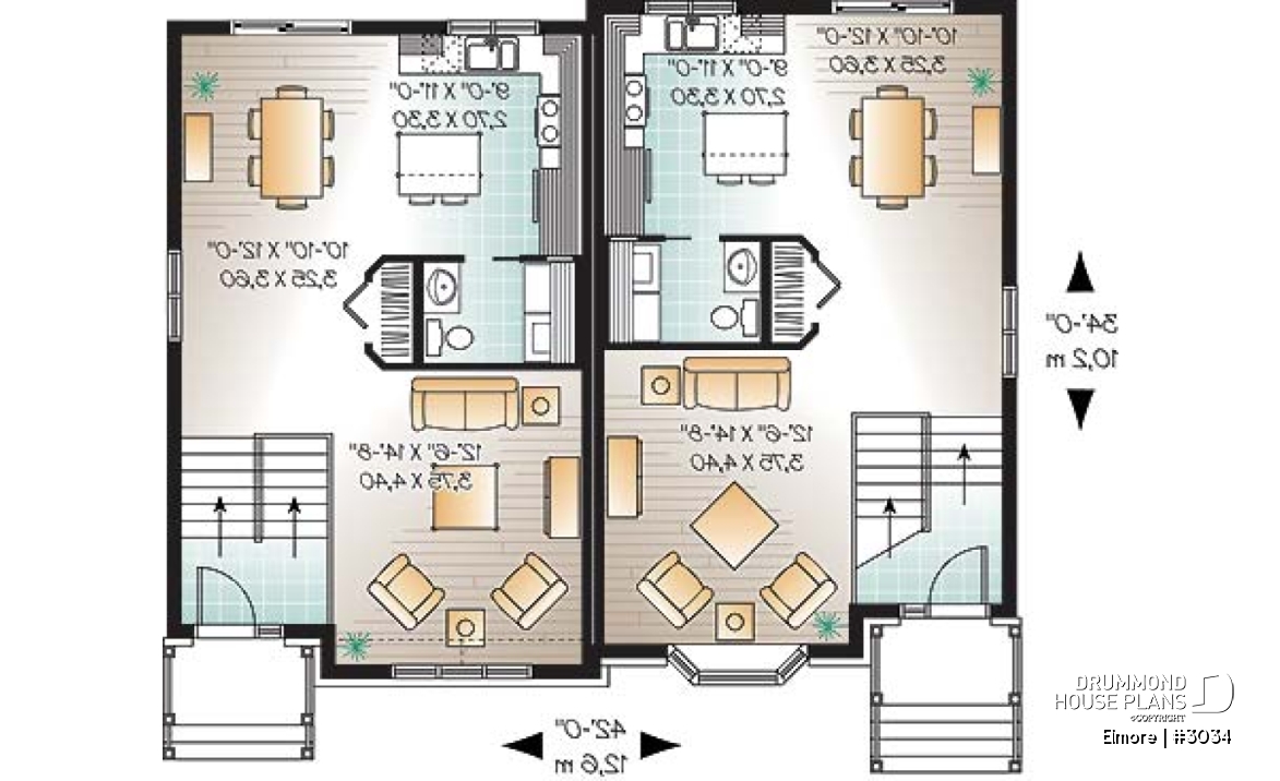 1st level - 3 bedroom semi-detached house plan, 1.5 baths, laundry room on main floor, kitchen island - Elmore