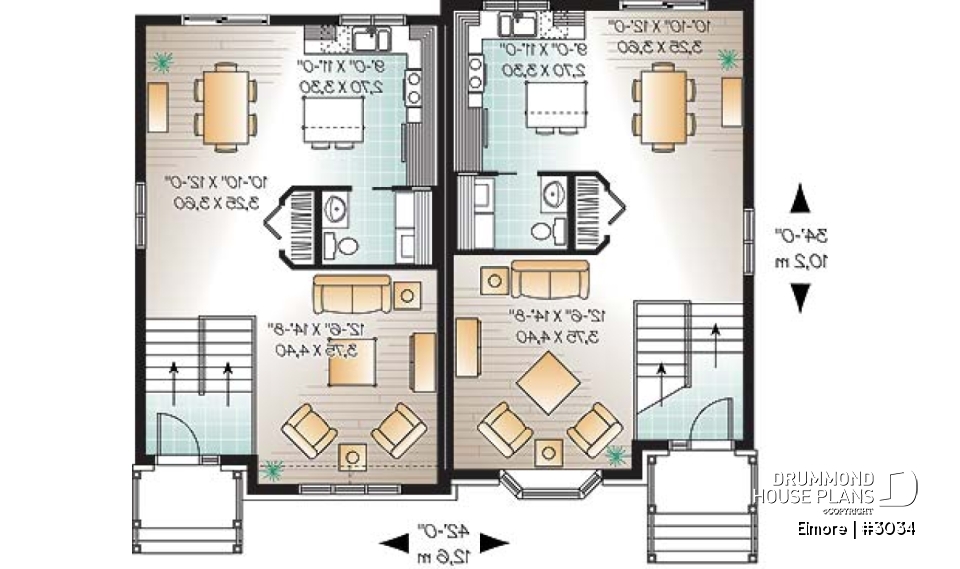 1st level - 3 bedroom semi-detached house plan, 1.5 baths, laundry room on main floor, kitchen island - Elmore