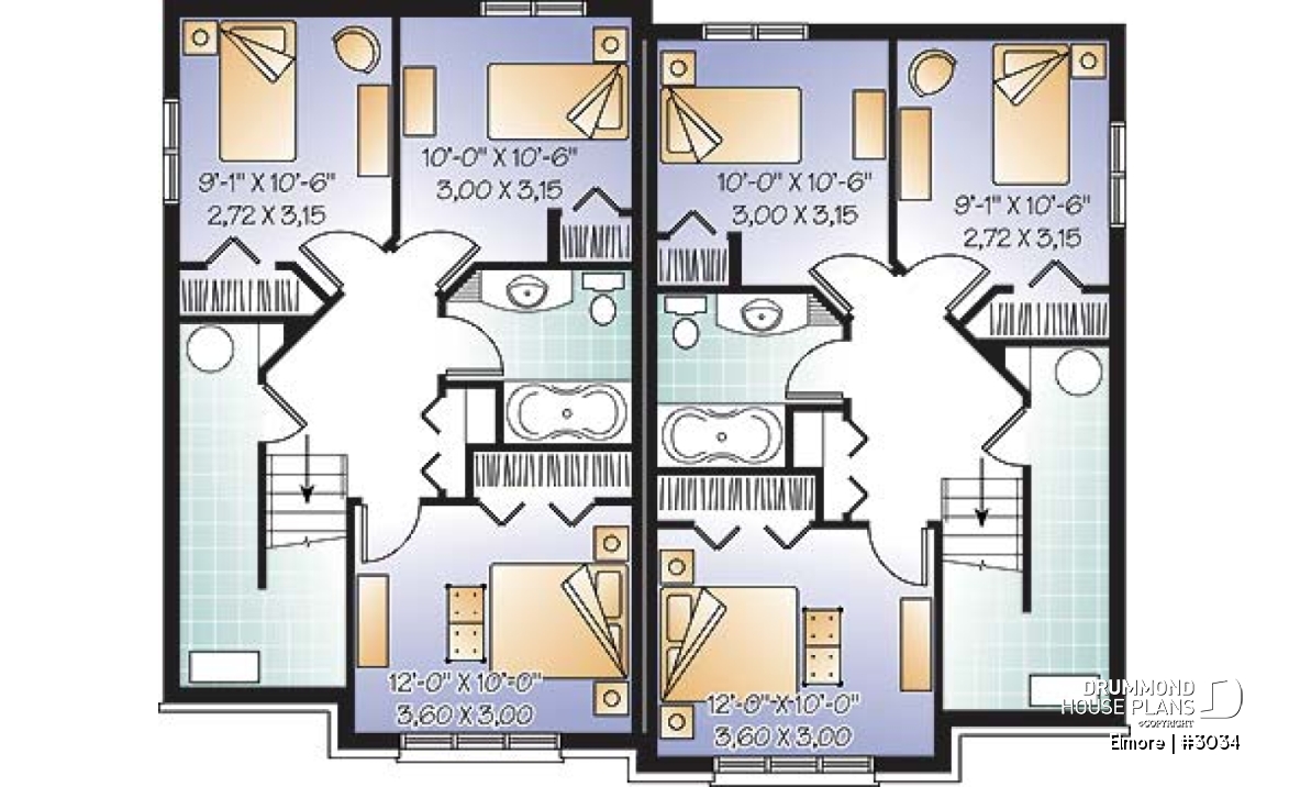 Basement - 3 bedroom semi-detached house plan, 1.5 baths, laundry room on main floor, kitchen island - Elmore