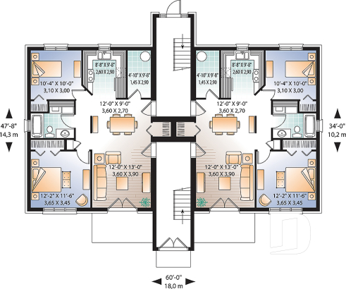 1st level - 6 unit apartment building plan, 2 bedrooms, 1 bathroom, storage, laundry area on each unit - Attridge