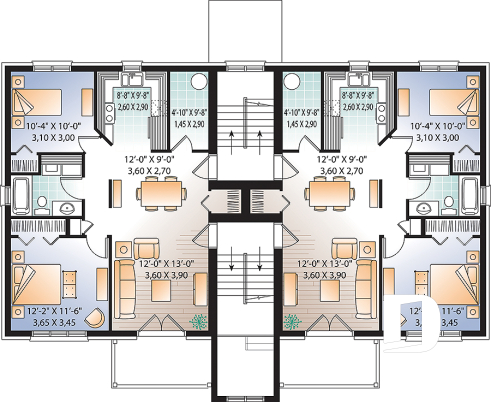 2nd level - 6 unit apartment building plan, 2 bedrooms, 1 bathroom, storage, laundry area on each unit - Attridge