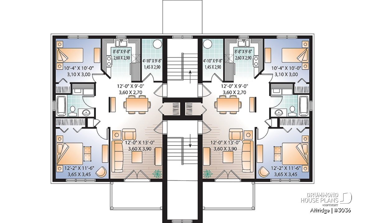 3rd level - 6 unit apartment building plan, 2 bedrooms, 1 bathroom, storage, laundry area on each unit - Attridge