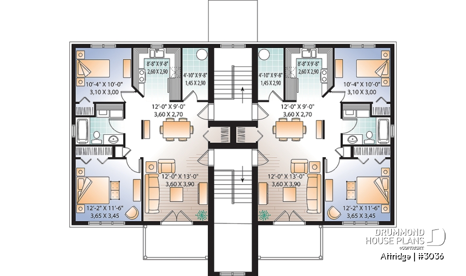 3rd level - 6 unit apartment building plan, 2 bedrooms, 1 bathroom, storage, laundry area on each unit - Attridge