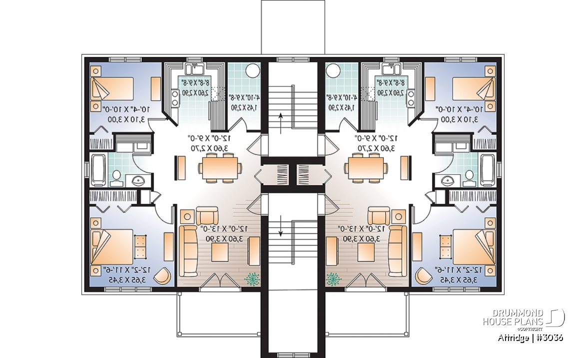 3rd level - 6 unit apartment building plan, 2 bedrooms, 1 bathroom, storage, laundry area on each unit - Attridge