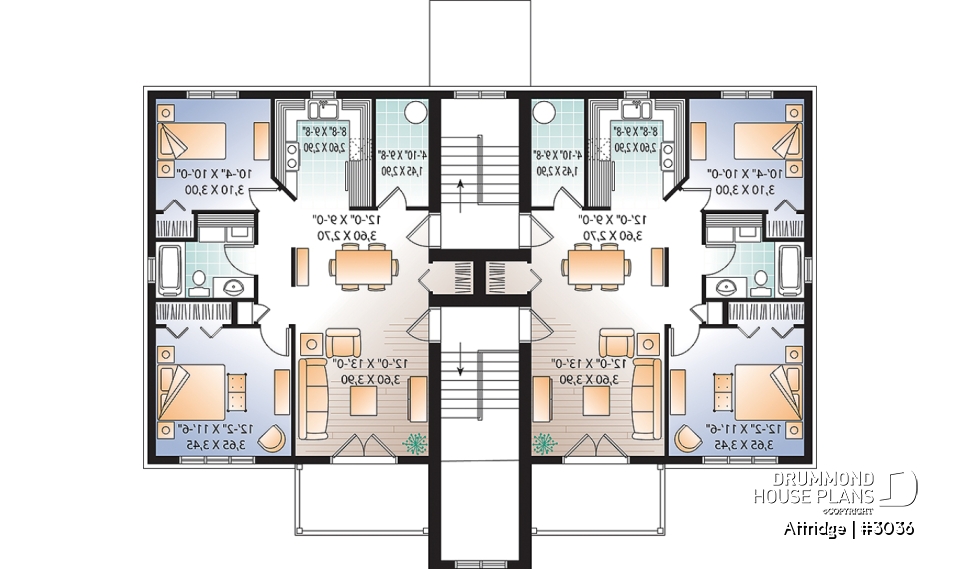 3rd level - 6 unit apartment building plan, 2 bedrooms, 1 bathroom, storage, laundry area on each unit - Attridge
