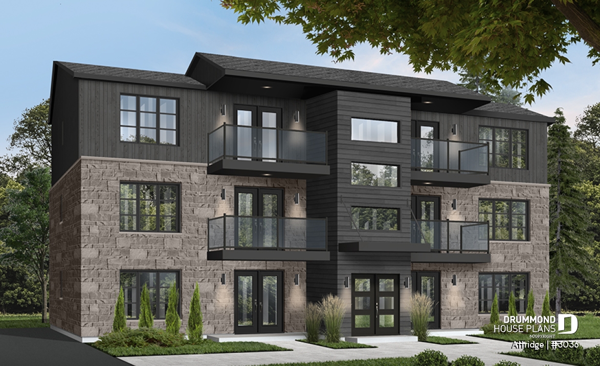 Color version 1 - Front - 6 unit apartment building plan, 2 bedrooms, 1 bathroom, storage, laundry area on each unit - Attridge