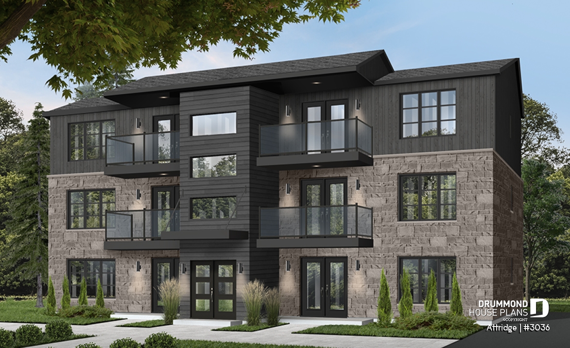 Color version 1 - Front - 6 unit apartment building plan, 2 bedrooms, 1 bathroom, storage, laundry area on each unit - Attridge