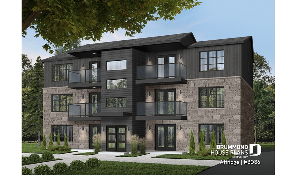 Color version 1 - Front - 6 unit apartment building plan, 2 bedrooms, 1 bathroom, storage, laundry area on each unit - Attridge