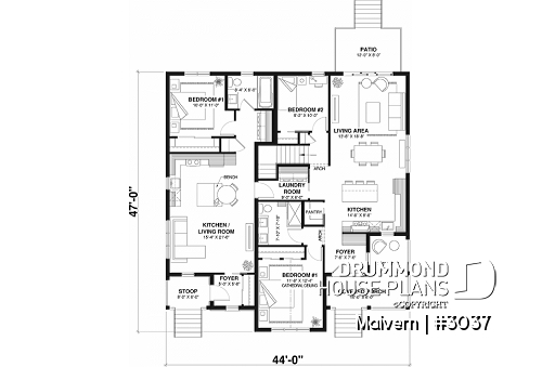 1st level - Intergenerational house plan or duplex home plan, one and two bedrooms, separate entrance - Malvern