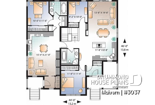 1st level - Intergenerational house plan or duplex home plan, one and two bedrooms, separate entrance - Malvern