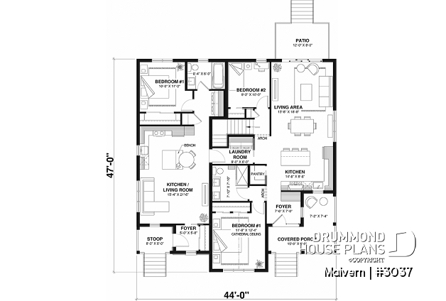 1st level - Intergenerational house plan or duplex home plan, one and two bedrooms, separate entrance - Malvern