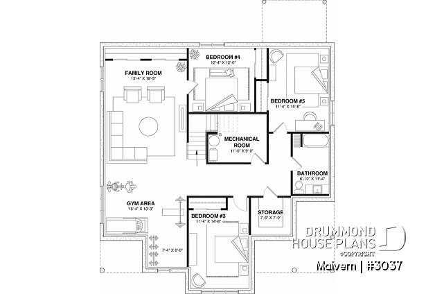 Finished basement - Intergenerational house plan or duplex home plan, one and two bedrooms, separate entrance - Malvern